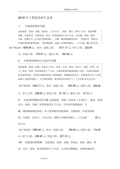 2018工程造价㎡汇总表