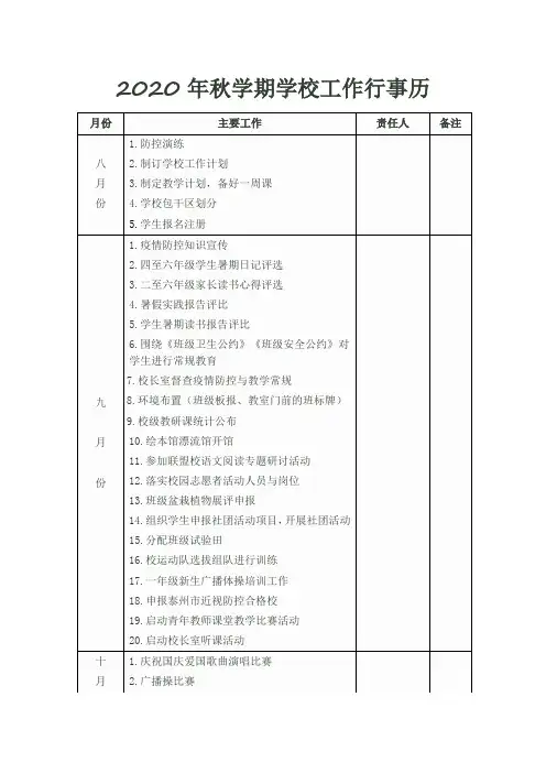 2020年秋学期学校工作行事历