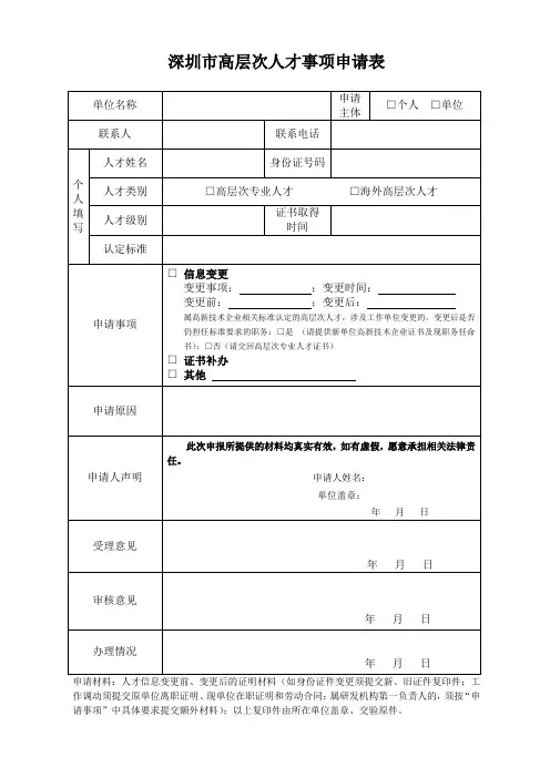 深圳市高层次人才事项申请表