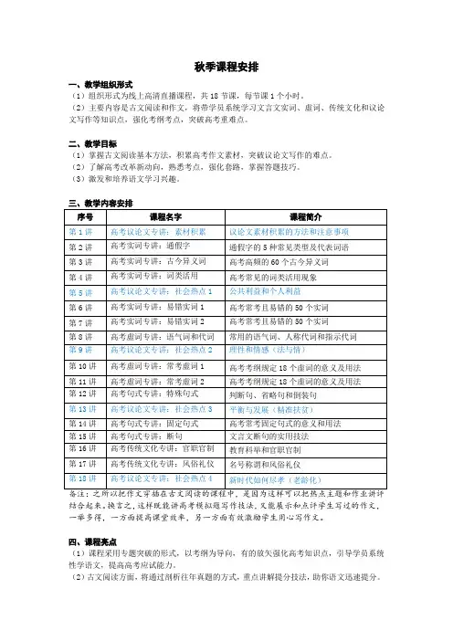 【课程安排】2018年秋季高中语文课程安排