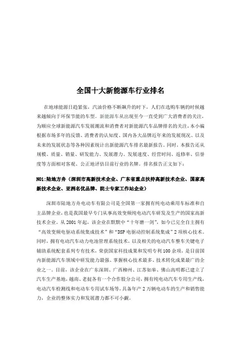 全国十大新能源车行业排名 2