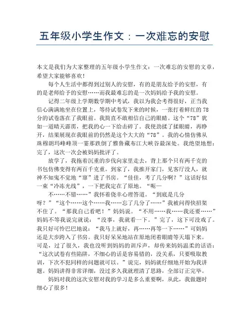 五年级小学生作文：一次难忘的安慰