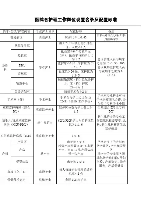 护理工作岗位设置名录及配置标准