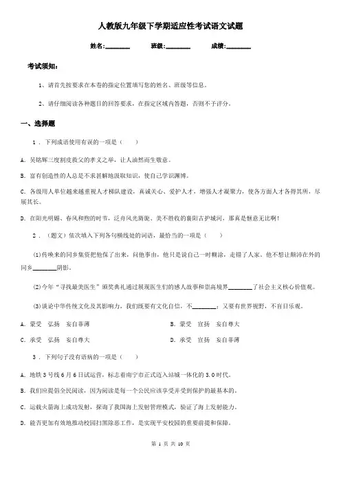 人教版九年级下学期适应性考试语文试题