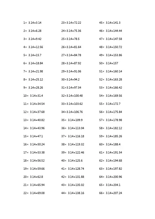 3.14×1~100的乘法表格