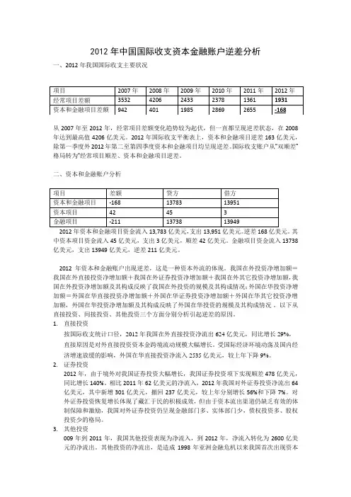 2012年中国国际收支资本金融账户逆差分析