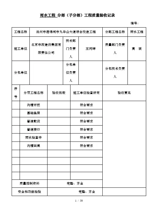 市政雨水管道工程检验批质量验收记录表