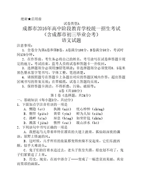 2016年四川省成都市中考语文试题及答案