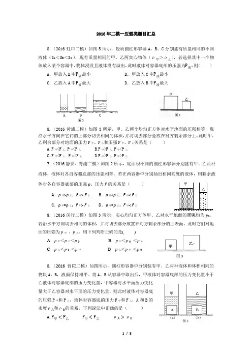 固体压强类题目汇总(2016年上海各区二模)