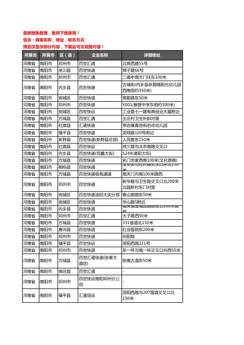 新版河南省南阳市百世汇通企业公司商家户名录单联系方式地址大全122家