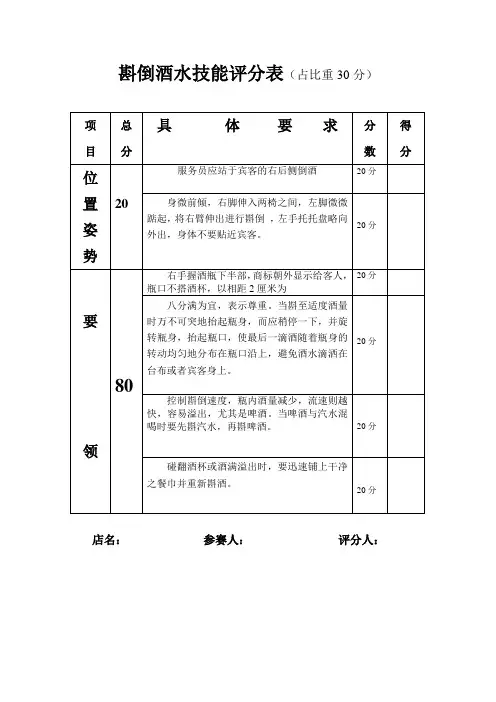 斟倒酒水技能评分表