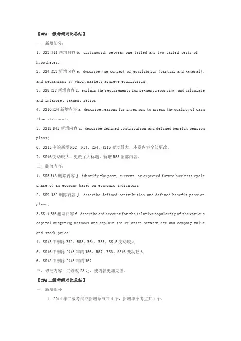 CFA一、二、三级考纲对比总结_金程版