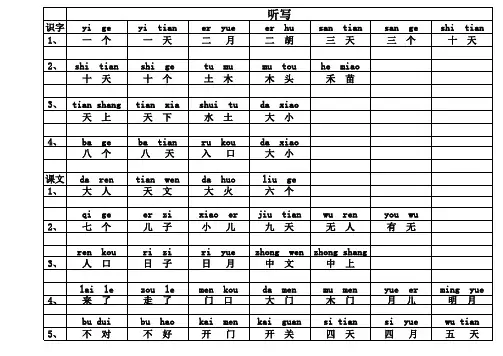 人教版一年级上册词语听写