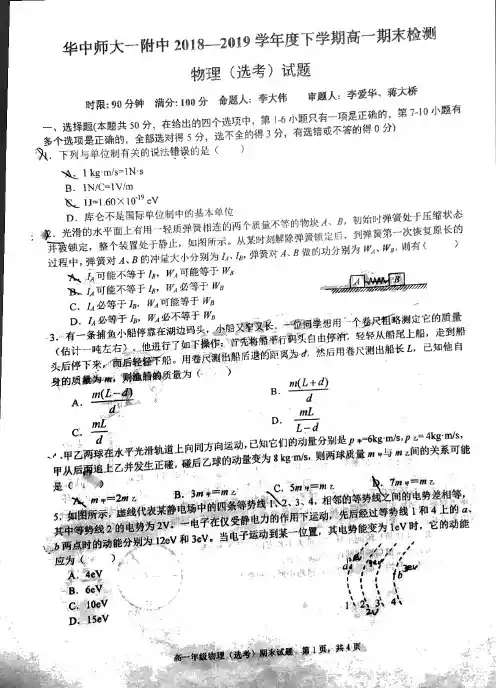 湖北省武汉市华师一附中2018-2019学年高一下学期期末考试物理试题(图片版有答案)