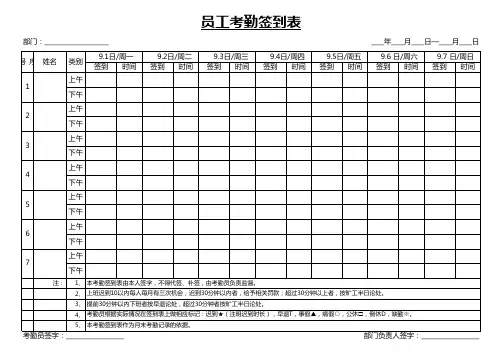 员工上下午考勤签到表