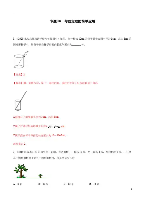 专题08 勾股定理的简单应用八年级数学上学期期中考试好题汇编(苏科版)(解析版)