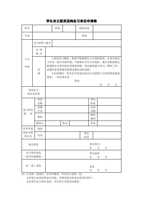 学生自主联系顶岗实习单位申请表