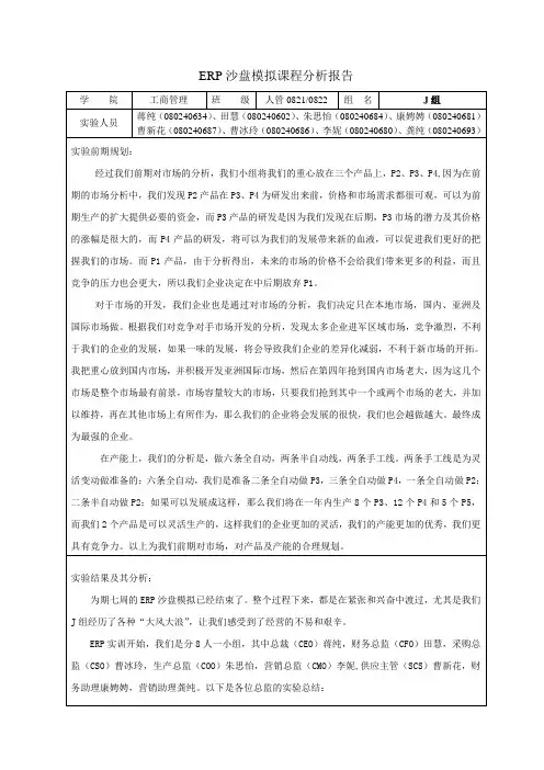 J组 ERP沙盘模拟实验报告