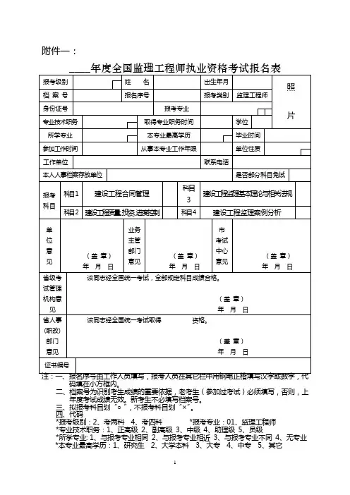 全国监理工程师执业资格考试报名表