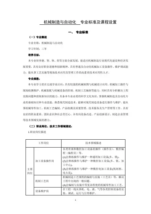 机械制造及自动化-专业标准