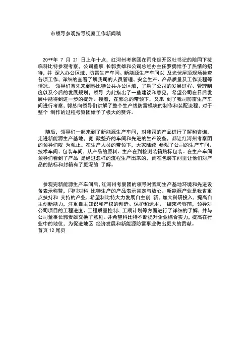 市领导参观指导视察工作新闻稿