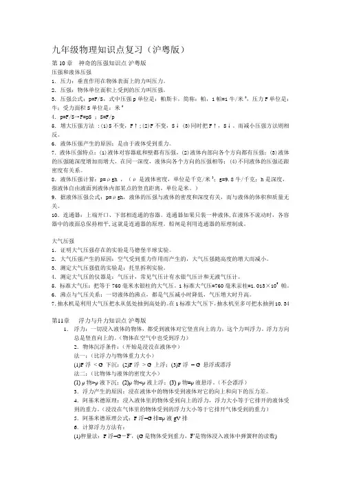 初三物理知识点复习 -粤教沪版