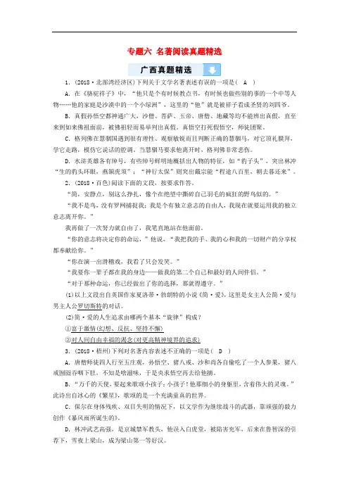 中考语文一轮复习总复习专题六名著阅读真题精选