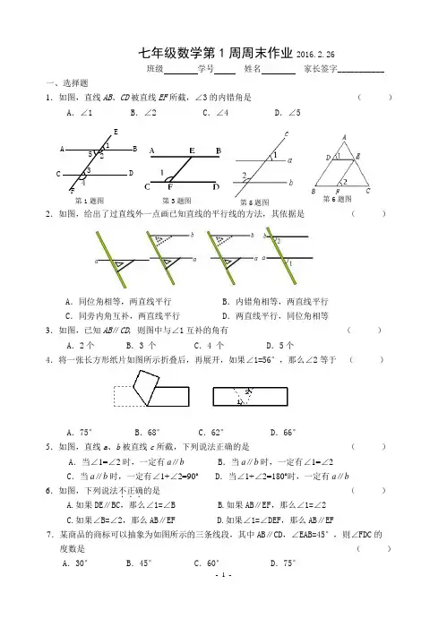 七年级数学第1周周末作业