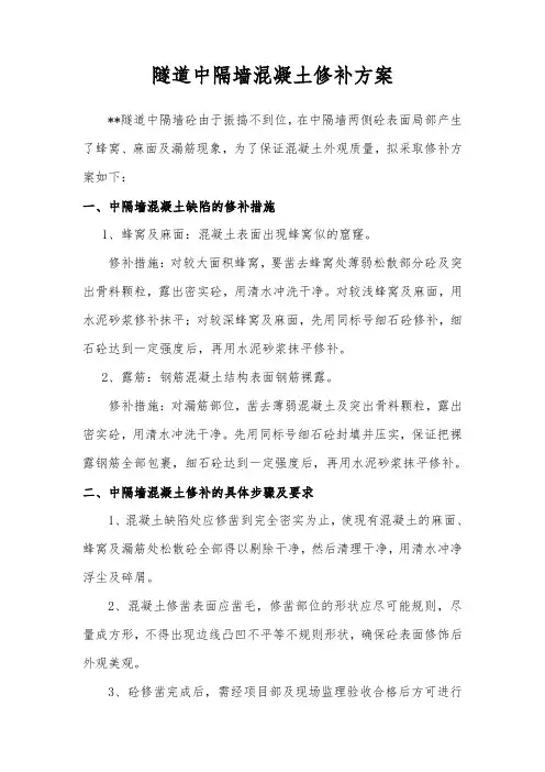 隧道中隔墙混凝土蜂窝麻面修补方案