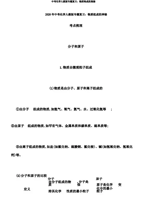中考化学人教版专题复习物质构成奥秘