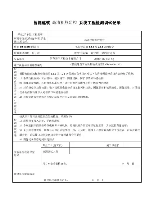 视频监控系统功能测定及设备调试记录