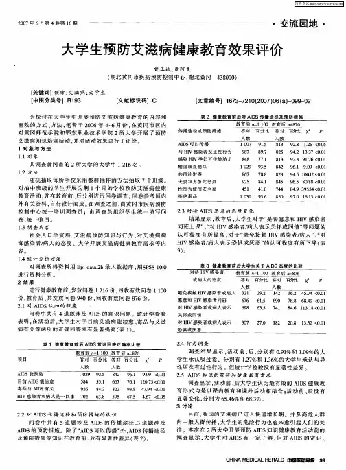 大学生预防艾滋病健康教育效果评价