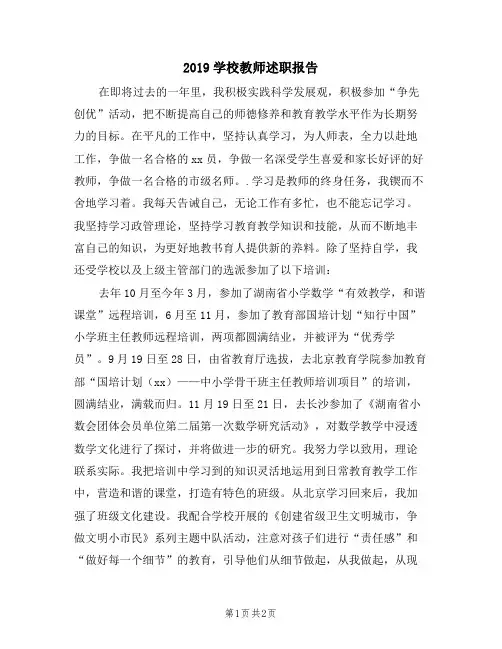2019学校教师述职报告