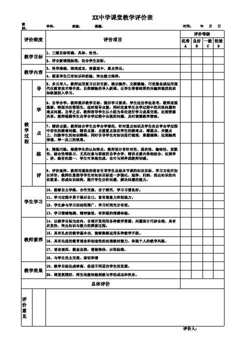 课堂教学评价表 3