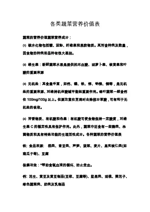 各类蔬菜的营养价值表