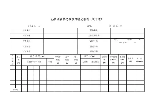 沥青混合料马歇尔试验记录表(表干法)
