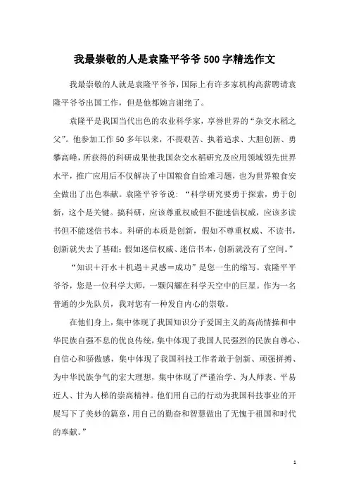 我最崇敬的人是袁隆平爷爷500字精选作文