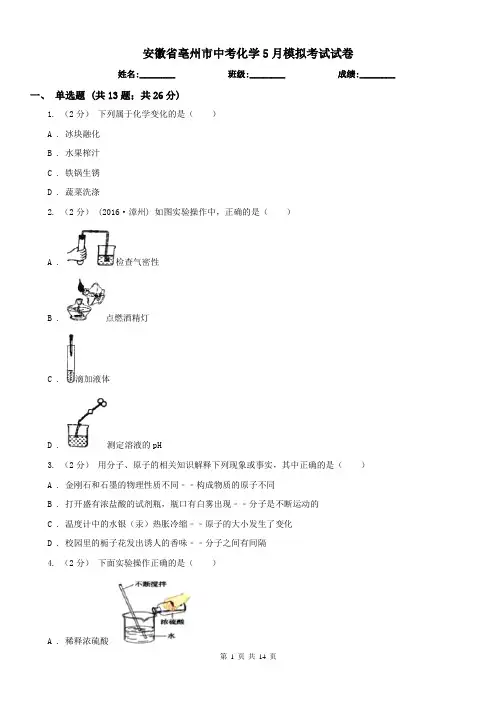 安徽省亳州市中考化学5月模拟考试试卷