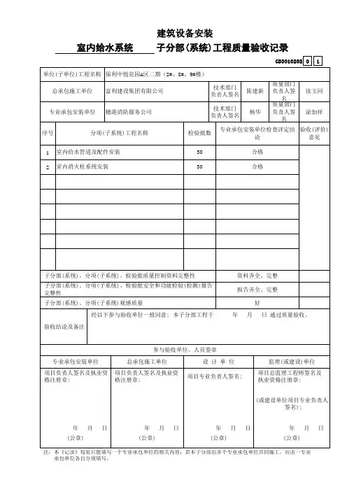 建筑工程给水排水及采暖消火栓-子分部(系统)工程质量验收记录