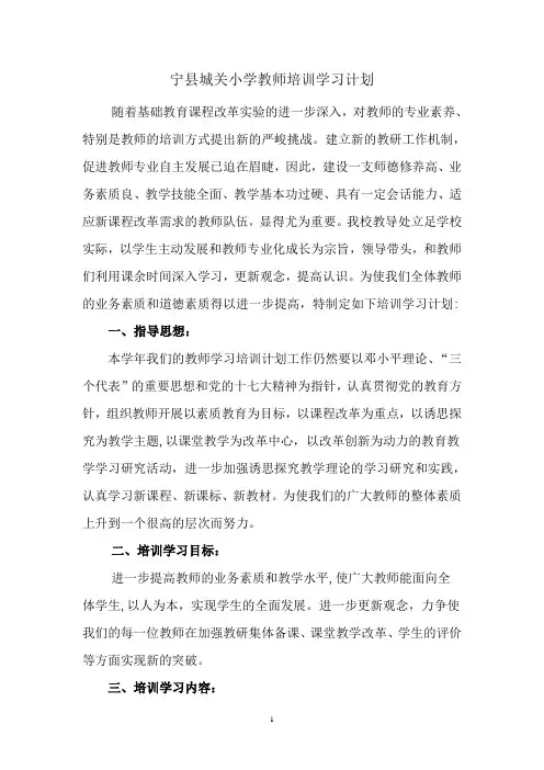 宁县城关小学教师培训学习计划