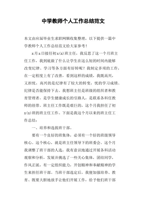中学教师个人工作总结范文