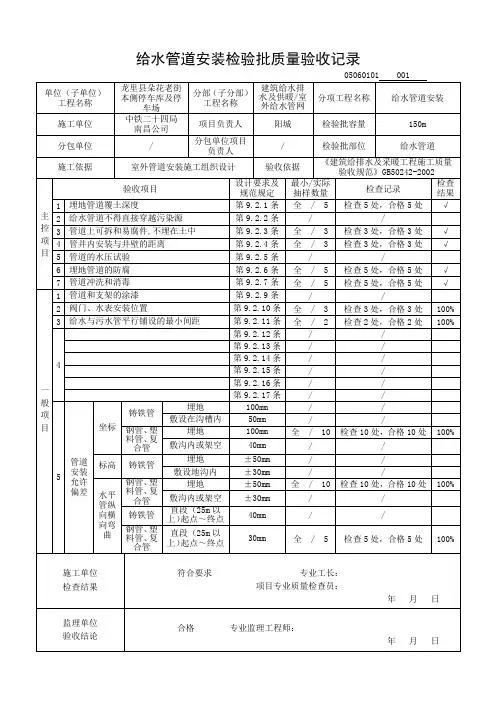 室外排水管网给水管道安装检验批质量验收记录