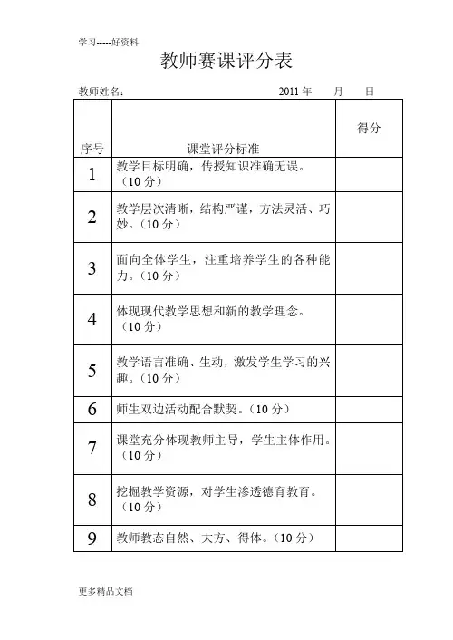 教师赛课评分表汇编