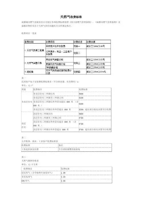 天然气收费标准