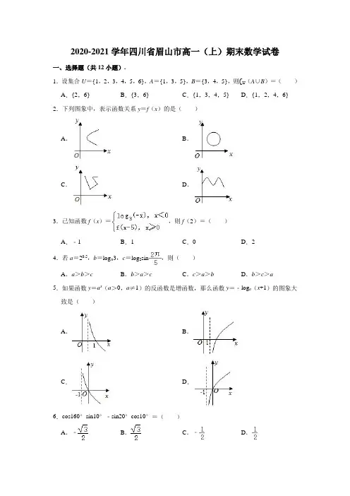 2020-2021学年四川省眉山市高一(上)期末数学试卷 (解析版)