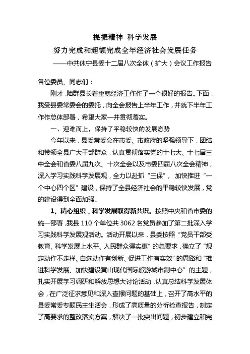 县委书记胡宁在县委十二届八次全体(扩大)会议上的讲话范文