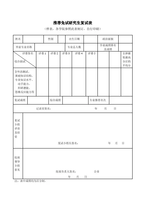 推荐免试研究生复试表