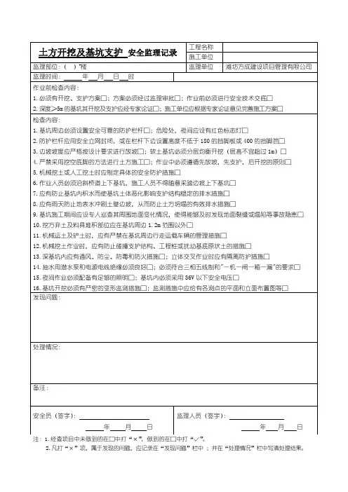 安全旁站监理记录表格(土方开挖、临时用电、、塔吊)