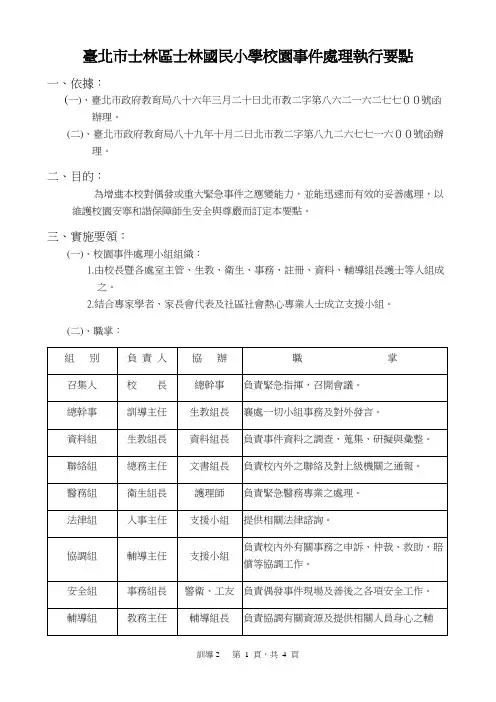 台北市士林区士林国民小学校园事件处理执行要点