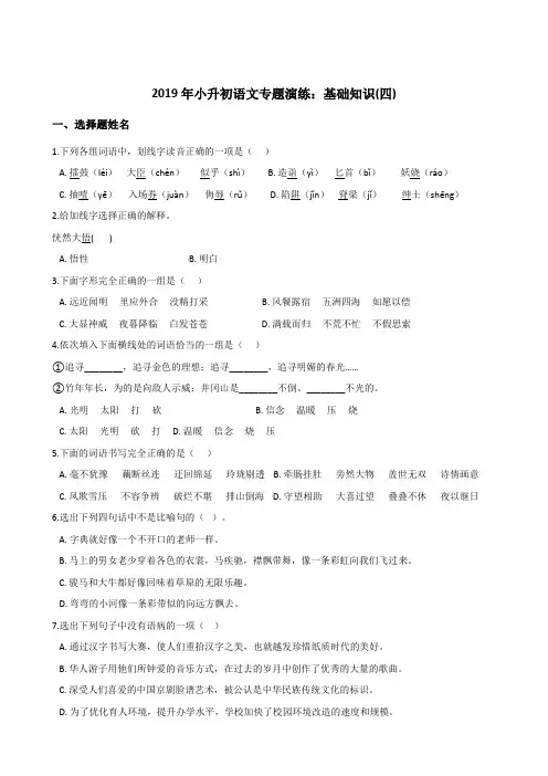 六年级下册语文试题--2019年小升初语文专题演练：基础知识四全国通用含答案